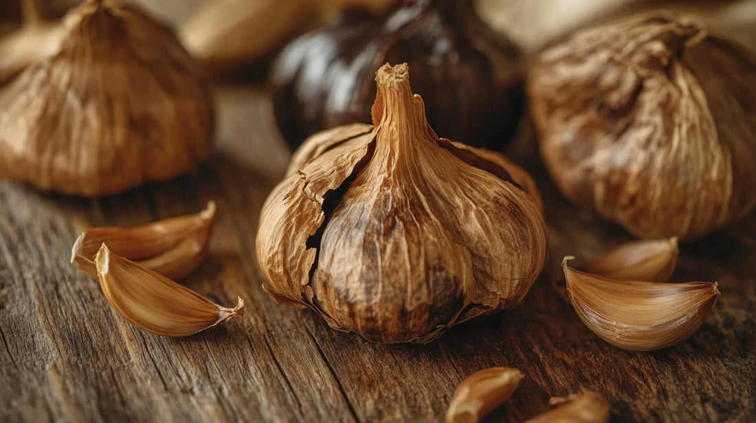 ail noir sur une table de bois