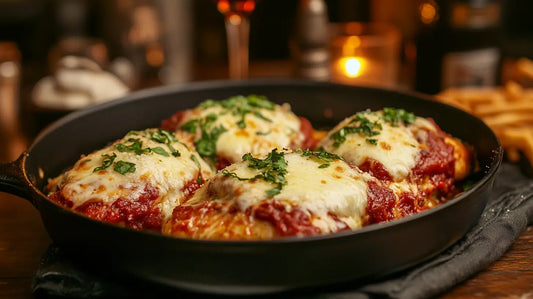 poulet au parmesan dans une poêle en fonte