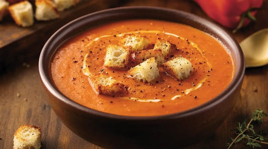 crème de tomates et poivrons avec croûtons