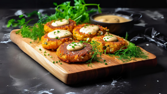 4 croquettes de saumon sur une planche de bois