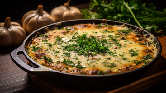 Une photo d'un gratin de haricots blancs à l'ail noir, servi dans un plat en céramique rustique. Le gratin est doré et croustillant, et il est garni d'une généreuse couche d'ail noir. L'ail noir est brillant et dégage une odeur aromatique.