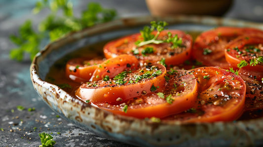 Une salade de tomates fraîches, joliment tranchées et assaisonnées de vinaigre, garnie de persil et de poivre noir, servie dans un bol en céramique