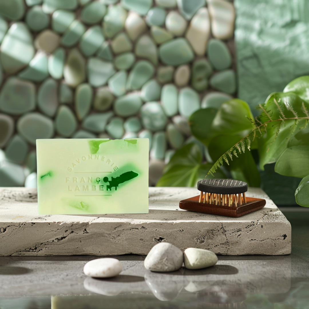 savon eucalyptus et conifères sur un comptoir avec roche en background